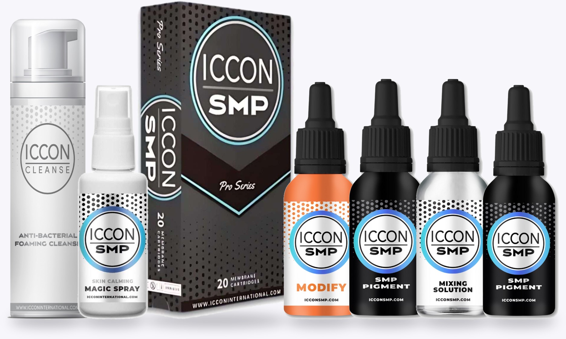 ICCON Cleanse, Magic Spray, Pro Series cartridges, Modify, SMP Pigment and Mixing Solution