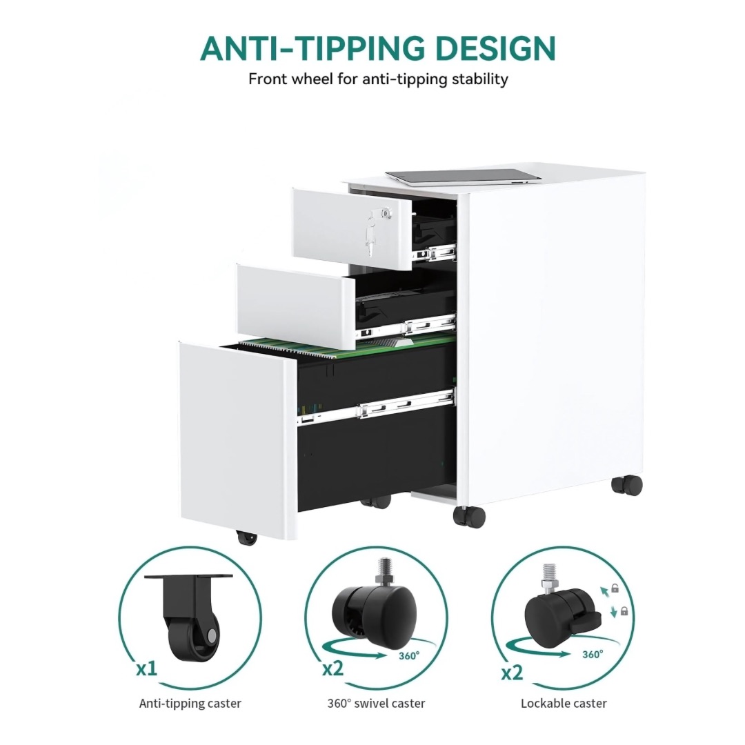 White 3-Drawer Lockable Filing Cabinet