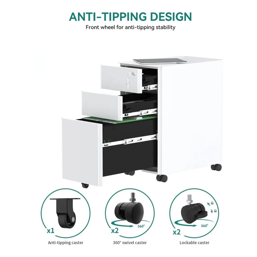 White 3-Drawer Lockable Filing Cabinet