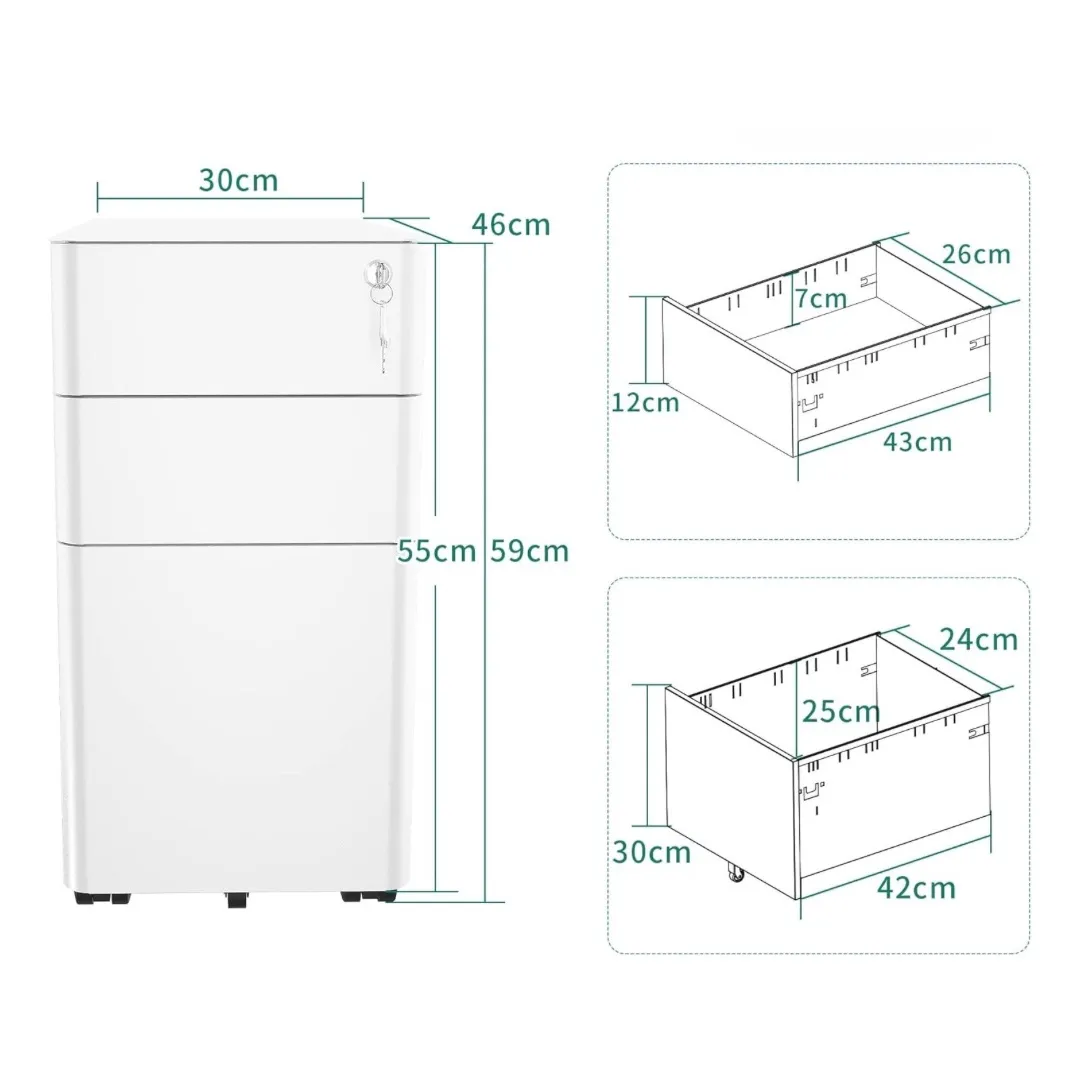 White 3-Drawer Lockable Filing Cabinet