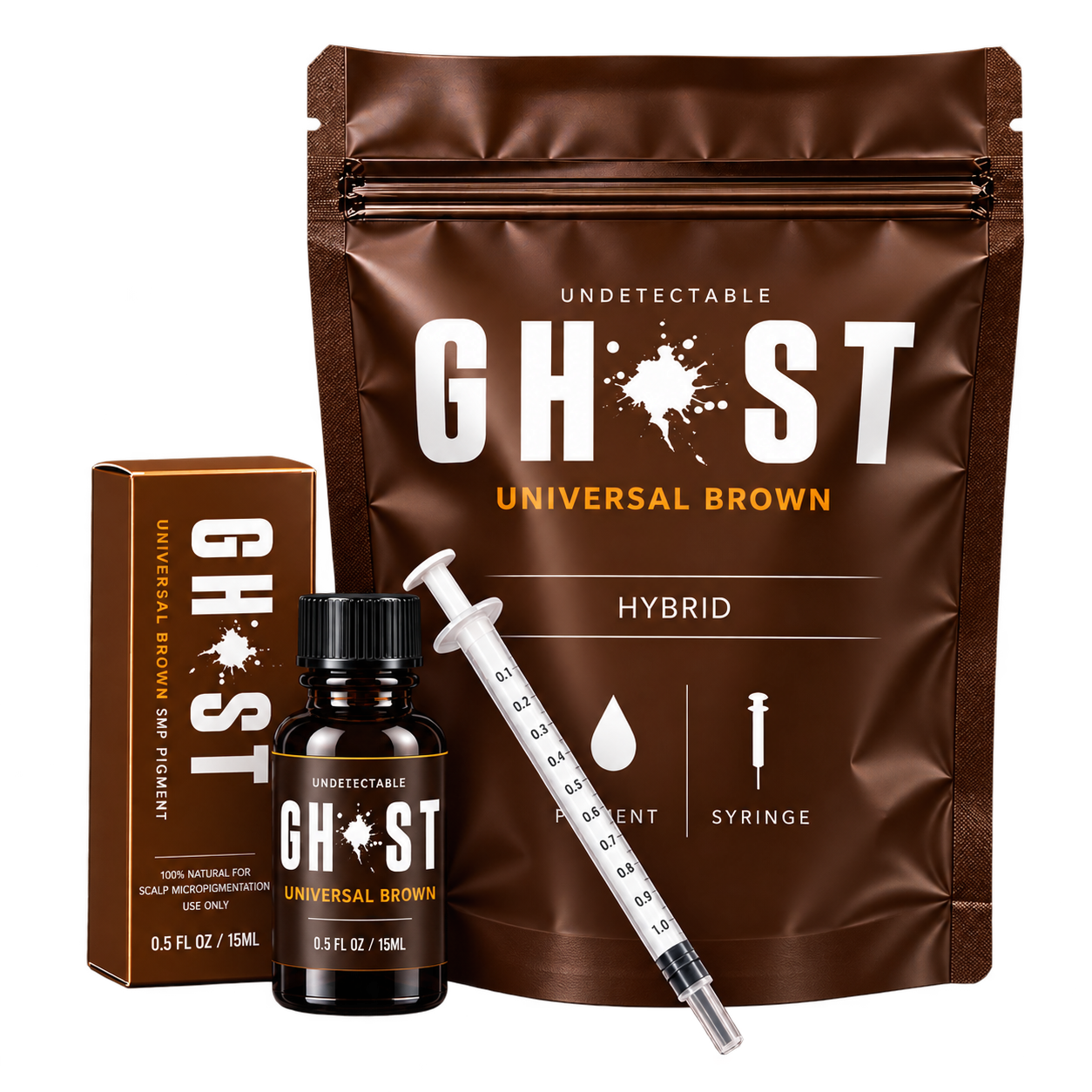 Ghost Universal Brown SMP Pigment with bottle, pouch, box and syringe